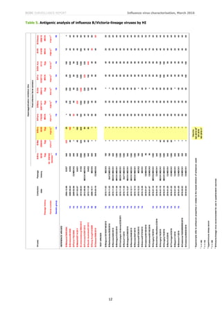 ECDC SURVEILLANCE REPORT Influenza virus characterisation, March 2016
12
Table 5. Antigenic analysis of influenza B/Victoria-lineage viruses by HI
VirusesCollectionPassageB/BrisB/MalB/BrisB/ParisB/MaltaB/JhbB/ForB/SthAusB/HKB/Odessa
datehistory60/082506/0460/081762/09636714/113964/12V2367/1281/12514/093886/10
PassagehistoryEggEggEggMDCKEggEggMDCKEggMDCKMDCK
Ferretnumber
Sh539/540
/543/544*1,3F37/11*2
F22/12*2
F07/11*2
F29/13*2
F01/13*4
F04/13*4
F41/13*2
F09/13*2
F19/11*2
Geneticgroup1A1A1A1A1A1A1A1B1B
REFERENCEVIRUSES
B/Malaysia/2506/20042004-12-06E3/E764032020<801608016010<
B/Brisbane/60/20081A2008-08-04E4/E564040160403203203206404040
B/Paris/1762/20091A2009-02-09C2/MDCK2640<<80408080804040
B/Malta/636714/20111A2011-03-07E4/E164040160403203203206404040
B/Johannesburg/3964/20121A2012-08-03E1/E22560320640160128012801280128016080
B/Formosa/V2367/20121A2012-08-06MDCK1/MDCK312804080401603203203204040
B/SouthAustralia/81/20121A2012-11-28E4/E26404080401603201606404040
B/HongKong/514/20091B2009-10-11MDCK3640<<80404040404080
B/Odessa/3886/20101B2010-03-19C2/MDCK2640<<80808080804080
TESTVIRUSES
B/Belgium/2015G0749/20151A2015-11-03MDCK3160<<4020<40402020
B/Netherlands/2928/20151A2015-11-23SIAT3/MDCK1160<<4020<40402020
B/Rennes/2483/20151A2015-11-26MDCK1/MDCK1640<<80404080804040
B/Bretagne/2322/20151A2015-11-30MDCK1/MDCK11280<<80804080804040
B/ChampagneArdenne/2335/20151A2015-11-30MDCK1/MDCK11280<<80404080804040
B/Roma/11/20151A2015-11-30SIAT1/MDCK11280<<80808080804040
B/Bretagne/2368/20151A2015-12-07MDCK1/MDCK1640<<80404080804040
B/Rennes/2548/20151A2015-12-11MDCK1/MDCK11280<<80404080804040
B/Rennes/2547/20151A2015-12-13MDCK1/MDCK11280<<80408080804040
B/Estonia/97326/20151A2015-12-23MDCK2160<<4040<40402020
B/Estonia/97370/20151A2015-12-29MDCK1640<<80404080804040
B/Catalonia/8515S/20162016-01-07C0/MDCK280<<40201020402020
B/Catalonia/8514S/20162016-01-07C0/MDCK380<<2010<20201010
B/Hungary/19/20161A2016-01-18MDCK2/MDCK11280<<80404080804040
B/Nordrhein-Westfalen/2/20161A2016-01-18C2/MDCK1640<<80404080804040
B/Hungary/16/20161A2016-01-19MDCK1/MDCK1128040<8080801601604040
B/Hungary/15/20161A2016-01-19MDCK1/MDCK1128040<4080801601604040
B/Berlin/2/20161A2016-01-25C2/MDCK164040<80408080804040
B/Thuringen/8/20161A2016-01-25C2/MDCK1128040<80408080804040
B/Bayern/1/20161A2016-01-25C2/MDCK1640<<4020<40402040
B/Bremen/1/20161A2016-01-25C2/MDCK1640<<80404080804040
B/Catalonia/162038880NS/20162016-02-03C0/MDCK1320<<80202040404040
B/Catalonia/8693S/20162016-02-04C0/MDCK1320<<8080801601608080
*Superscriptsrefertoantiserumproperties(<relatestothelowestdilutionofantiserumused)
Vaccine
NH2015-16#
SH2016
1
<=<40NH2016-17
2
<=<10
3
hyperimmunesheepserum
4
<=<20
#
B/Victoria-lineagevirusrecommendedforuseinquadravalentvaccines
Haemagglutinationinhibitiontitre
Post-infectionferretantisera
 
