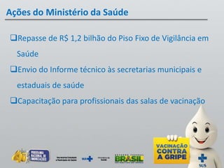Repasse de R$ 1,2 bilhão do Piso Fixo de Vigilância em
Saúde
Envio do Informe técnico às secretarias municipais e
estaduais de saúde
Capacitação para profissionais das salas de vacinação
Ações do Ministério da Saúde
 