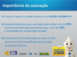  A vacina é segura e protege contra os vírus A/H1N1; A/H3N2 e B
 Estudos demonstram que a vacinação pode reduzir em até 45%
o número de internações por pneumonias; e em até 75%
a mortalidade por complicações da gripe
 A vacina deve ser tomada todos os anos e 15 dias
antes do início da intensificação da circulação
do vírus da influenza
Importância da vacinação
 