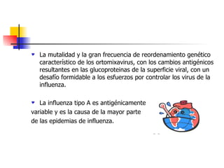 La mutalidad y la gran frecuencia de reordenamiento genético característico de los ortomixavirus, con los cambios antigénicos resultantes en las glucoproteinas de la superficie viral, con un desafío formidable a los esfuerzos por controlar los virus de la influenza. La influenza tipo A es antigénicamente variable y es la causa de la mayor parte  de las epidemias de influenza. 