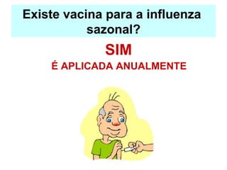 Existe vacina para a influenza  sazonal? SIM É APLICADA ANUALMENTE 