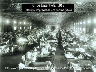 Gripe Espanhola, 1918
Hospital improvisado em Kansas (EUA)
https://www.gapminder.org/tools/#$state$time$value=1919;;&chart-type=bubbles
 