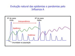 Evolução natural das epidemias e pandemias pelo
Influenza A
Nº de casos
HxNy
Imunidade na população
Interpandêmico
Epidêmico
Endêmico
Nº de casos
HqNw
 