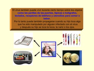 El virus también puede vivir durante cierto tiempo sobre los objetos
como las perillas de las puertas, lápices o bolígrafos,
teclados, receptores de teléfono y utensilios para comer o
beber.
Por lo tanto puede también propagarse cuando su hijo toca algo
que ha sido manipulado por alguien infectado con el virus
y después su hijo se toca la boca, la nariz o los ojos.

 