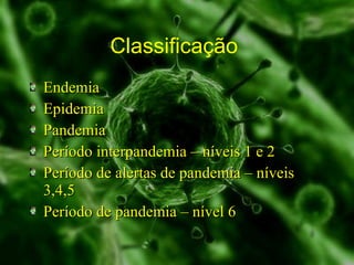 Classificação  Endemia Epidemia Pandemia  Período interpandemia – níveis 1 e 2 Período de alertas de pandemia – níveis 3,4,5 Período de pandemia – nível 6 