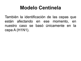 Modelo Centinela 
También la identificación de las cepas que 
están afectando en ese momento, en 
nuestro caso se basó únicamente en la 
cepa A (H1N1). 
 