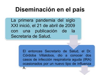 Diseminación en el país 
La primera pandemia del siglo 
XXI inició, el 21 de abril de 2009 
con una publicación de la 
Secretaria de Salud. 
El entonces Secretario de Salud, el Dr. 
Córdoba Villalobos, dio a conocer dos 
casos de infección respiratoria aguda (IRA) 
ocasionados por un nuevo tipo de influenza 
A. 
 
