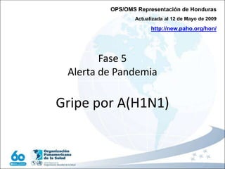 Fase 5
Alerta de Pandemia
Gripe por A(H1N1)
OPS/OMS Representación de Honduras
Actualizada al 12 de Mayo de 2009
http://new.paho.org/hon/
 