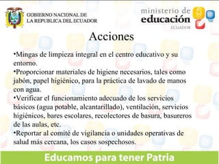 Acciones Mingas de limpieza integral en el centro educativo y su entorno. Proporcionar materiales de higiene necesarios, tales como jabón, papel higiénico, para la práctica de lavado de manos con agua. Verificar el funcionamiento adecuado de los servicios básicos (agua potable, alcantarillado), ventilación, servicios higiénicos, bares escolares, recolectores de basura, basureros de las aulas, etc. Reportar al comité de vigilancia o unidades operativas de salud más cercana, los casos sospechosos. 