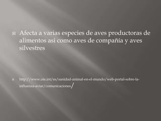    Afecta a varias especies de aves productoras de
    alimentos asi como aves de compañía y aves
    silvestres



   http://www.oie.int/es/sanidad-animal-en-el-mundo/web-portal-sobre-la-
    influenza-aviar/comunicaciones   /
 