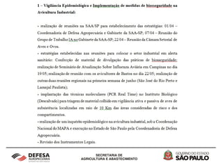 1 – Vigilância Epidemiológica e Implementação de
medidas de biosseguridade na Avicultura Industrial:
– Realização de reuniões na SAA/SP para estabelecimento das estratégias:
01/04 – Coordenadoria de Defesa Agropecuária e Gabinete da SAA-SP; 07/04 –
Reunião do Grupo de Trabalho IA no Gabinete da SAA-SP; 22/04 – Reunião da
Câmara Setorial de Aves e Ovos.
– Estratégias estabelecidas nas reuniões para colocar o setor industrial em alerta
sanitário: Confecção de material de divulgação das práticas de biosseguridade;
realização de Seminário de Atualização Sobre Influenza Aviária em Campinas no
dia 19/05; realização de reunião com os avicultores de Bastos no dia 22/05;
realização de outras duas reuniões regionais na primeira semana de junho (São
José do Rio Preto e Laranjal Paulista);
 