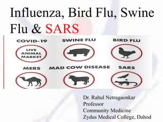 Dr. Rahul Netragaonkar
Professor
Community Medicine
Zydus Medical College, Dahod
Influenza, Bird Flu, Swine
Flu & SARS
 