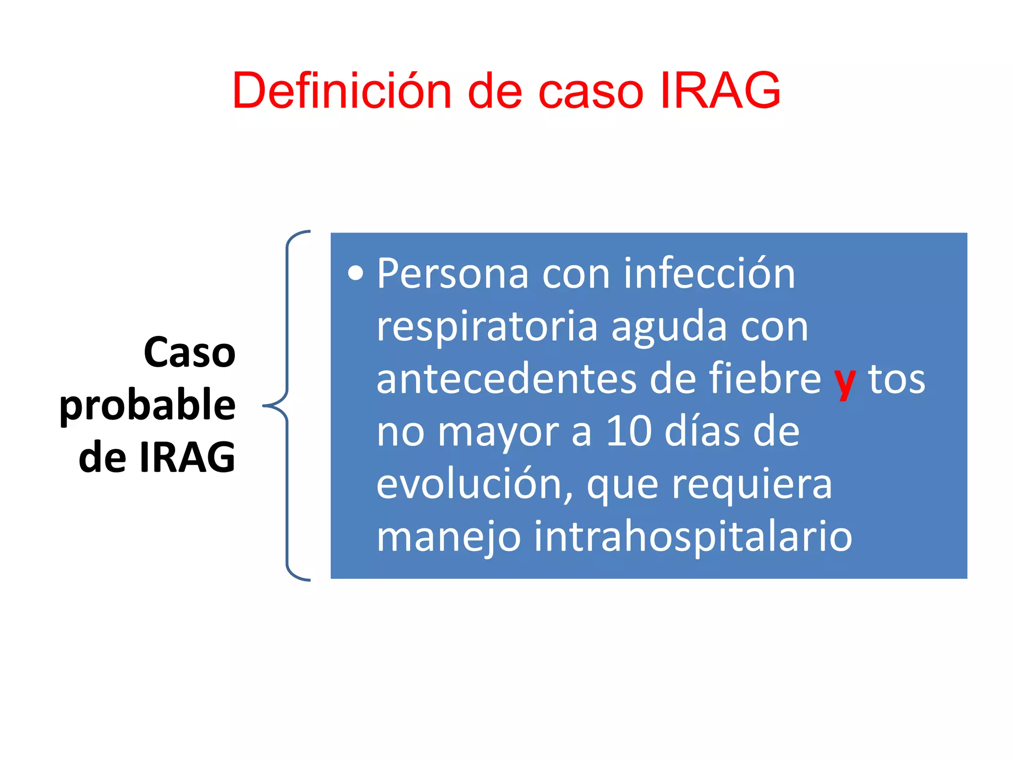 Definición de caso IRAG
Caso
probable
de IRAG
• Persona con infección
respiratoria aguda con
antecedentes de fiebre y tos
no mayor a 10 días de
evolución, que requiera
manejo intrahospitalario
 