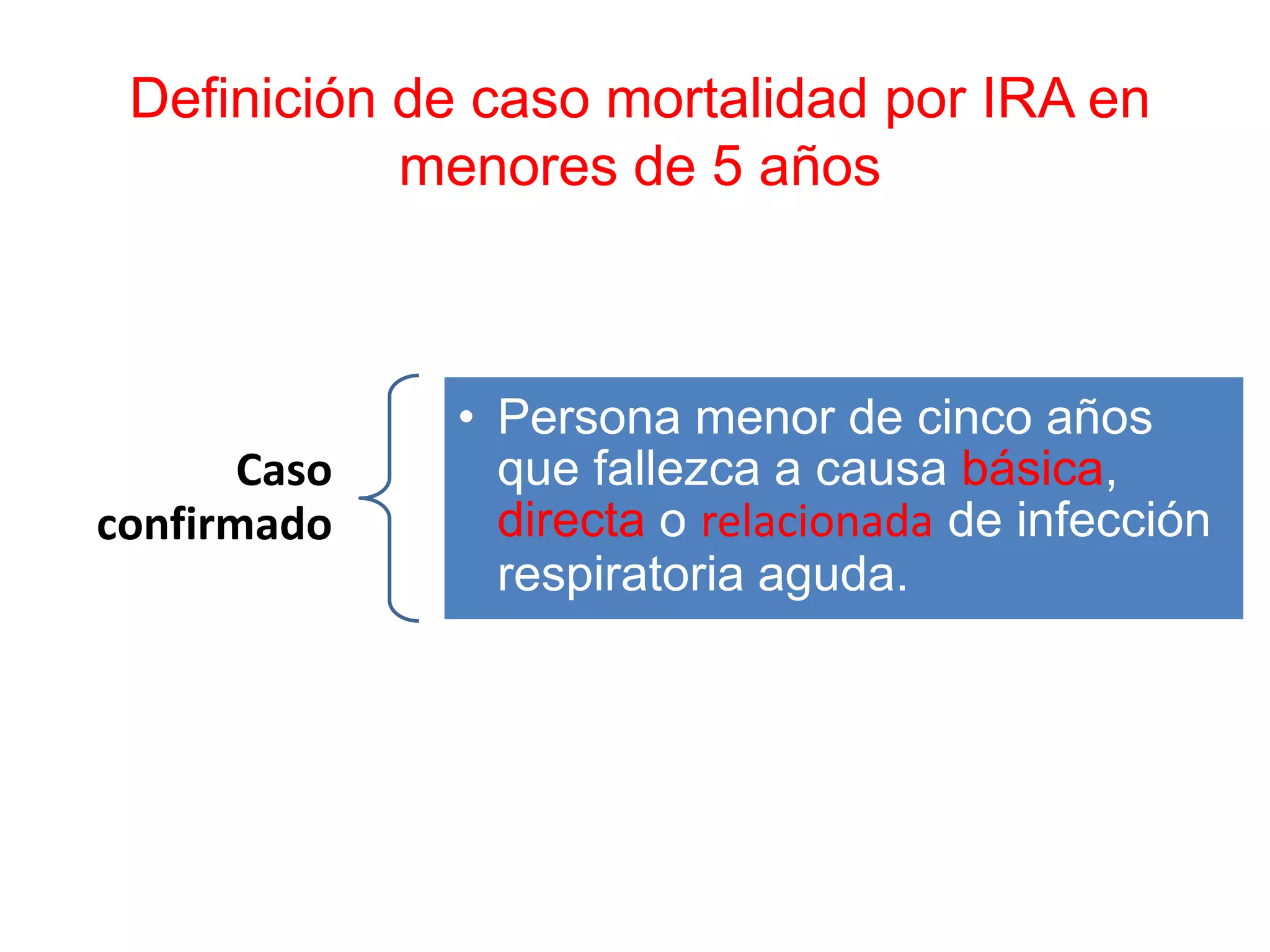 Caso
confirmado
• Persona menor de cinco años
que fallezca a causa básica,
directa o relacionada de infección
respiratoria aguda.
Definición de caso mortalidad por IRA en
menores de 5 años
 