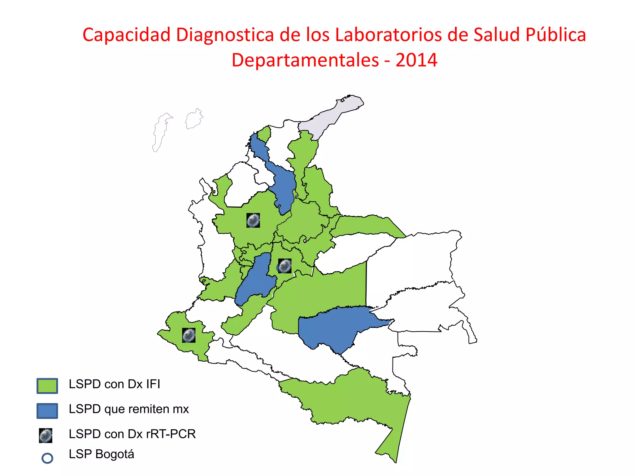Capacidad Diagnostica de los Laboratorios de Salud Pública
Departamentales - 2014
LSPD con Dx IFI
LSPD que remiten mx
LSP Bogotá
LSPD con Dx rRT-PCR
 