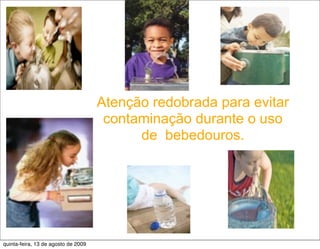 Atenção redobrada para evitar
                                      contaminação durante o uso
                                           de bebedouros.




quinta-feira, 13 de agosto de 2009
 