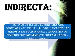 Indirecta:
Tocando objetos o superficies que
contengan el virus, y luego llevarse las
manos a la boca o nariz Compartiendo
objetos potencialmente contaminados y
de uso cotidiano:
 