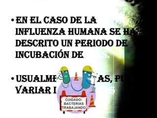 •En el caso de la
influenza Humana se ha
descrito un periodo de
Incubación de días.
•
•Usualmente 2 días, puede
variar de 1 a 5 días
 