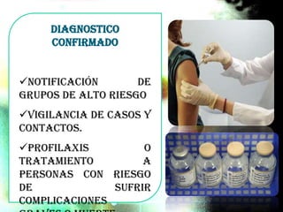 Diagnostico
confirmado
Notificación de
grupos de alto riesgo
Vigilancia de casos y
contactos.
Profilaxis o
tratamiento a
personas con riesgo
de sufrir
complicaciones
 