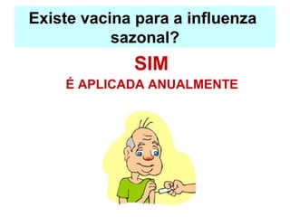 Existe vacina para a influenza
sazonal?
SIM
É APLICADA ANUALMENTE
 