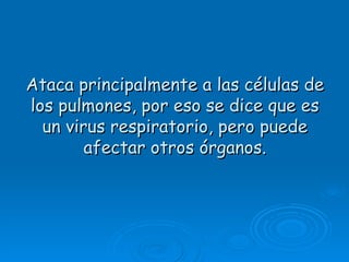 Ataca principalmente a las células de
los pulmones, por eso se dice que es
  un virus respiratorio, pero puede
        afectar otros órganos.
 