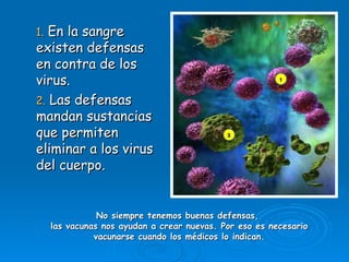 1. En la sangre
existen defensas
en contra de los
virus.
2. Las defensas
mandan sustancias
que permiten
eliminar a los virus
del cuerpo.


                No siempre tenemos buenas defensas,
     las vacunas nos ayudan a crear nuevas. Por eso es necesario
               vacunarse cuando los médicos lo indican.
 