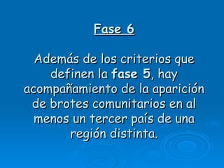 Fase 6

  Además de los criterios que
    definen la fase 5, hay
acompañamiento de la aparición
 de brotes comunitarios en al
  menos un tercer país de una
       región distinta.
 
