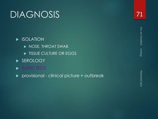 DIAGNOSIS 
 ISOLATION 
 NOSE, THROAT SWAB 
 TISSUE CULTURE OR EGGS 
 SEROLOGY 
 RAPID TESTS 
 provisional - clinical picture + outbreak 
71 
 