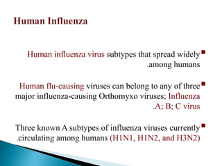 
Human influenza virus subtypes that spread widely
among humans
.

Human flu-causing viruses can belong to any of three
major influenza-causing Orthomyxo viruses; Influenza
A; B; C virus
.

Three known A subtypes of influenza viruses currently
circulating among humans (H1N1, H1N2, and H3N2)
.
 