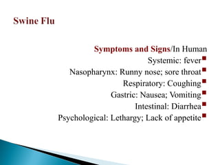 Symptoms and Signs/In Human

Systemic: fever

Nasopharynx: Runny nose; sore throat

Respiratory: Coughing

Gastric: Nausea; Vomiting

Intestinal: Diarrhea

Psychological: Lethargy; Lack of appetite
 