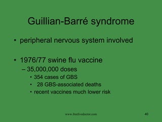 Guillian-Barré syndrome peripheral nervous system involved 1976/77 swine flu vaccine 35,000,000 doses 354 cases of GBS 28 GBS-associated deaths recent vaccines much lower risk www.freelivedoctor.com 