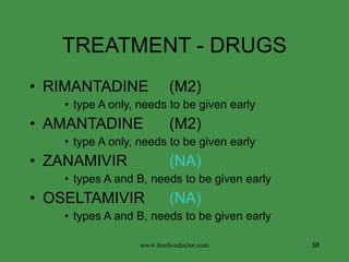 TREATMENT - DRUGS RIMANTADINE  (M2) type A only, needs to be given early AMANTADINE  (M2) type A only, needs to be given early ZANAMIVIR  (NA) types A and B, needs to be given early OSELTAMIVIR  (NA) types A and B, needs to be given early www.freelivedoctor.com 