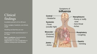 Clinical
findings
Incubation period is 24 to 48 hours
Fever, myalgias, headache, sore throat,
cough
Vomiting and diarrhea are rare
Symptoms resolve spontaneously in 4
to 7 days
Reye’ s syndrome characterized by
encephalopathy and liver
degeneration is a rare complication in
children having some viral diseases
 