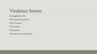 Virulence factors
Hemagglutinin (HA)
PB2 polymerase protein
PB1-F2 protein
PA-X protein
NS1 protein
NA protein (neuraminidase)
 
