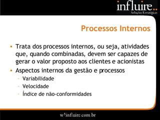 Processos Internos Trata dos processos internos, ou seja, atividades que, quando combinadas, devem ser capazes de gerar o valor proposto aos clientes e acionistas Aspectos internos da gestão e processos Variabilidade Velocidade Índice de não-conformidades 