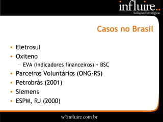 Casos no Brasil Eletrosul Oxiteno EVA (indicadores financeiros) + BSC Parceiros Voluntários (ONG-RS) Petrobrás (2001) Siemens ESPM, RJ (2000) 