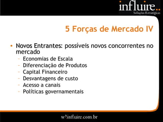 5 Forças de Mercado IV Novos Entrantes : possíveis novos concorrentes no mercado Economias de Escala Diferenciação de Produtos Capital Financeiro Desvantagens de custo Acesso a canais Políticas governamentais 
