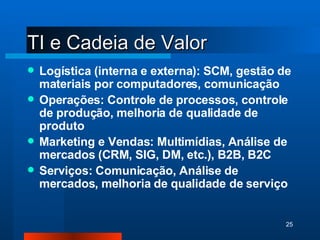 TI e Cadeia de Valor Logística (interna e externa): SCM, gestão de materiais por computadores, comunicação Operações: Controle de processos, controle de produção, melhoria de qualidade de produto Marketing e Vendas: Multimídias, Análise de mercados (CRM, SIG, DM, etc.), B2B, B2C Serviços: Comunicação, Análise de mercados, melhoria de qualidade de serviço 