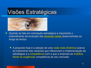 Visões Estratégicas Quando se fala em orientação estratégica é importante o entendimento da evolução das  diversas visões  desenvolvidas ao longo do tempo A proposta hoje é a adoção de uma  visão mais dinâmica  acerca do tratamento das variáveis que influenciam a implementação de estratégias e a  competência  com a que a empresa se  mobiliza frente às exigências  competitivas de seu mercado. 