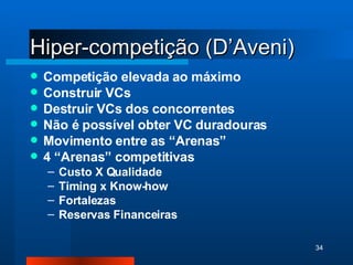 Hiper-competição (D’Aveni) Competição elevada ao máximo Construir VCs Destruir VCs dos concorrentes Não é possível obter VC duradouras Movimento entre as “Arenas” 4 “Arenas” competitivas Custo X Qualidade Timing x Know-how Fortalezas Reservas Financeiras 