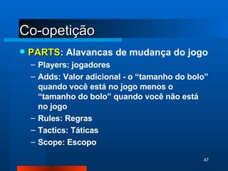 Co-opetição PARTS : Alavancas de mudança do jogo Players: jogadores Adds: Valor adicional - o “tamanho do bolo” quando você está no jogo menos o “tamanho do bolo” quando você não está no jogo Rules: Regras Tactics: Táticas Scope: Escopo 