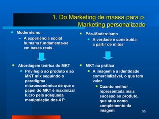1. Do Marketing de massa para o  Marketing personalizado Modernismo A experiência social humana fundamenta-se em bases reais Pós-Modernismo A verdade é construída a partir de mitos Abordagem teórica do MKT Privilégio ao produto e ao MKT mix seguindo o paradigma microeconômico de que o papel do MKT é maximizar lucro pela adequada manipulação dos 4 P MKT na prática A imagem é a identidade comercializável, o que tem valor Quanto melhor representada mais sucesso ao produto, que atua como complemento da imagem 