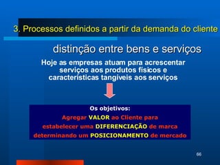 distinção entre bens e serviços Hoje as empresas atuam para acrescentar serviços aos produtos físicos e características tangíveis aos serviços Os objetivos: Agregar  VALOR  ao Cliente para estabelecer uma  DIFERENCIAÇÃO  de marca determinando um  POSICIONAMENTO  de mercado 3. Processos definidos a partir da demanda do cliente 