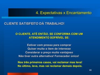 CLIENTE SATISFEITO DÁ TRABALHO! O CLIENTE, ATÉ ENTÃO, SE CONFORMA COM UM ATENDIMENTO SOFRÍVEL SE: Estiver com pressa para comprar Quiser muito o item de interesse Considerar o preço muito vantajoso Não tiver outra alternativa! Fornecedor único!  Nos três primeiros casos, vai reclamar mas leva! No último, leva, mas vai reclamar demais depois. 4. Expectativas x Encantamento 