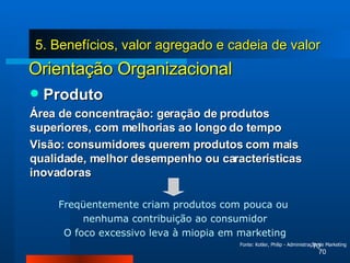 Produto Área de concentração: geração de produtos superiores, com melhorias ao longo do tempo Visão: consumidores querem produtos com mais qualidade, melhor desempenho ou características inovadoras Freqüentemente criam produtos com pouca ou  nenhuma contribuição ao consumidor O foco excessivo leva à miopia em marketing Orientação Organizacional Fonte: Kotler, Philip - Administração de Marketing 5. Benefícios, valor agregado e cadeia de valor 