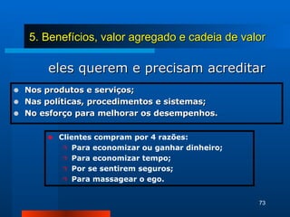 eles querem e precisam acreditar Nos produtos e serviços; Nas políticas, procedimentos e sistemas; No esforço para melhorar os desempenhos. Clientes compram por 4 razões: Para economizar ou ganhar dinheiro; Para economizar tempo; Por se sentirem seguros; Para massagear o ego. 5. Benefícios, valor agregado e cadeia de valor 