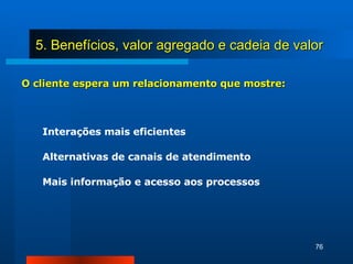 O cliente espera um relacionamento que mostre: Interações mais eficientes Alternativas de canais de atendimento Mais informação e acesso aos processos 5. Benefícios, valor agregado e cadeia de valor 