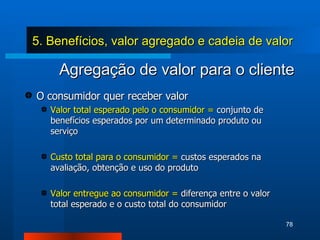 Agregação de valor para o cliente O consumidor quer receber valor Valor total esperado pelo o consumidor =  conjunto de benefícios esperados por um determinado produto ou serviço Custo total para o consumidor =  custos esperados na avaliação, obtenção e uso do produto Valor entregue ao consumidor =  diferença entre o valor total esperado e o custo total do consumidor 5. Benefícios, valor agregado e cadeia de valor 
