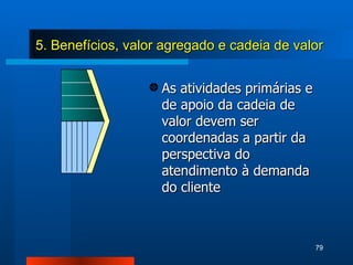 5. Benefícios, valor agregado e cadeia de valor As atividades primárias e de apoio da cadeia de valor devem ser coordenadas a partir da perspectiva do atendimento à demanda do cliente 