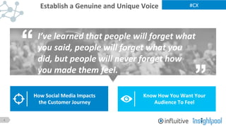 4
#CX	
  
How	
  Social	
  Media	
  Impacts	
  
the	
  Customer	
  Journey	
  
Know	
  How	
  You	
  Want	
  Your	
  
Audience	
  To	
  Feel	
  
Establish	
  a	
  Genuine	
  and	
  Unique	
  Voice	
  
I’ve	
  learned	
  that	
  people	
  will	
  forget	
  what	
  
you	
  said,	
  people	
  will	
  forget	
  what	
  you	
  
did,	
  but	
  people	
  will	
  never	
  forget	
  how	
  
you	
  made	
  them	
  feel.	
  
 